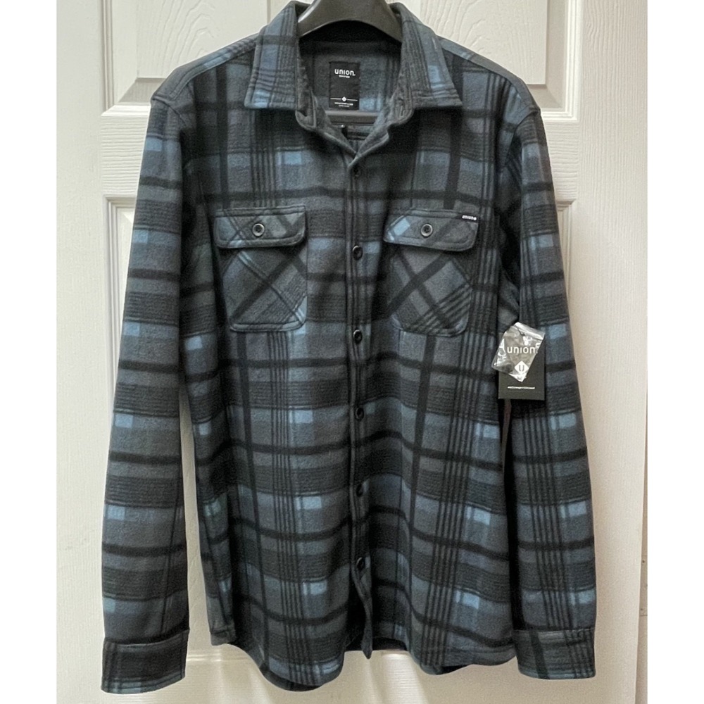 Union SEA WA Men's Fleece Shirt Jacket‎ Sz L  Blue Plaid 100% Polyester Shacket